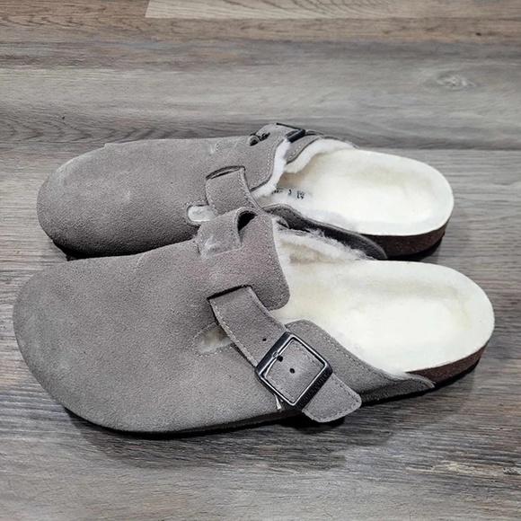 Birkenstock Suede Leather Boston Shearling Fur Gray Euro 41 Women 10 - Picture 1 of 6